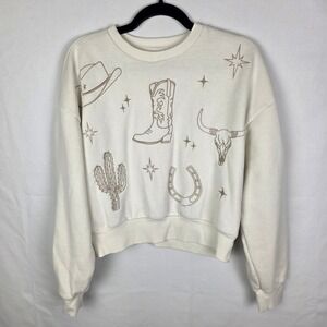 Cotton Essentials Western Embroidered Sweatshirt Cream Cowboy Boot Cactus Medium